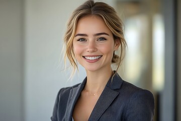 Confident Woman in Gray Blazer Smiling Indoors