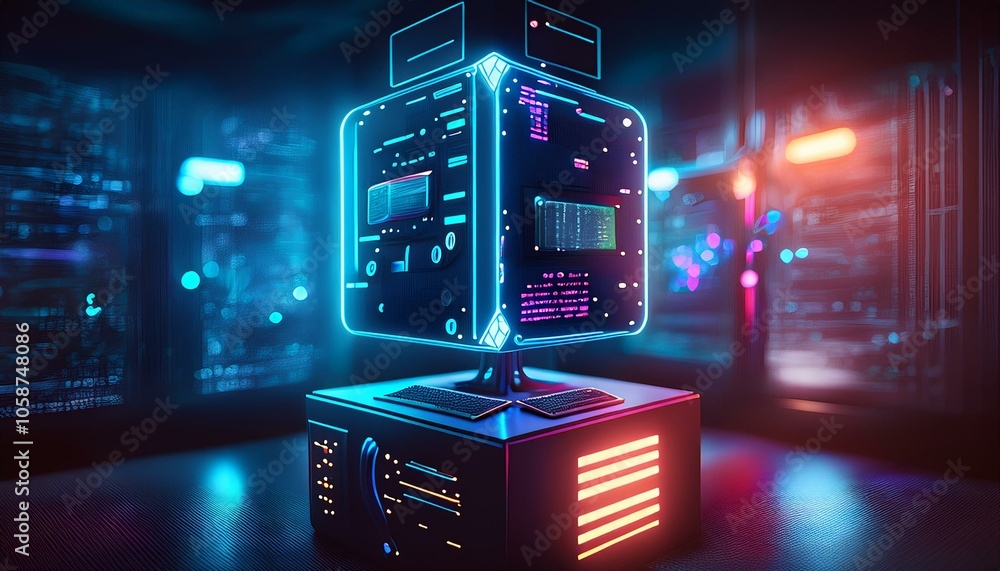 Poster neon data cube: futuristic server room with a glowing data cube, symbolizing digital innovation and 