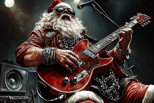 Santa Claus rockstar guitarist playing the guitar on stage. Generative Ai