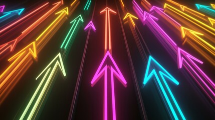 Colorful neon arrows with dynamic motion and energy point upwards against a dark background.