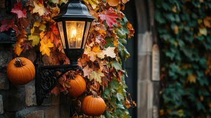 Autumn wedding decor featuring a street lamp adorned with fall leaves and pumpkins