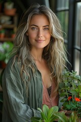 Fototapeta premium A woman with long hair holds plants in a cozy indoor setting filled with greenery.
