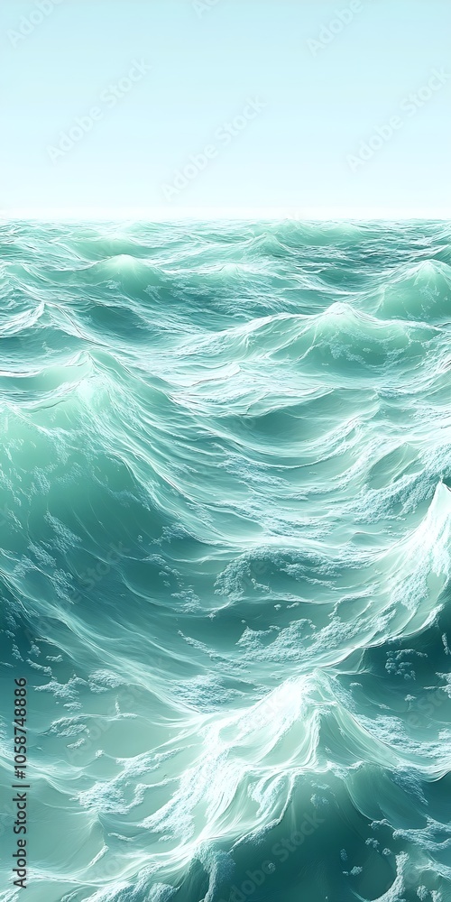Poster a serene view of turquoise ocean waves gently rolling under a clear sky, creating a tranquil and ref