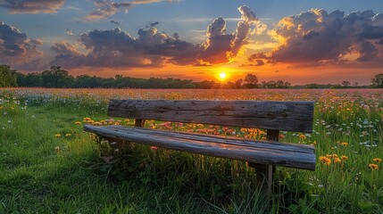 Obraz premium A wooden bench overlooks a vibrant field of flowers at sunset, creating a serene atmosphere.