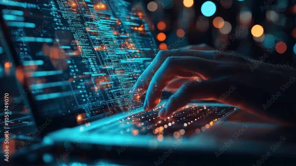 Poster a close-up of a hand typing on a laptop, with vibrant digital data flowing in the background, symbol