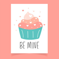 Valentines day postcard with hand drawn cake with cream and quote