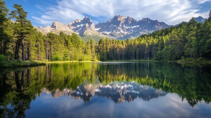 A lake with mountains in the background
