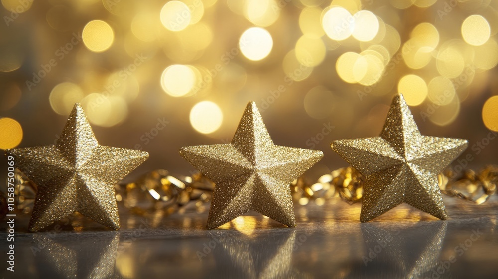 Poster three golden stars resting on a shiny surface complemented by a bokeh backdrop