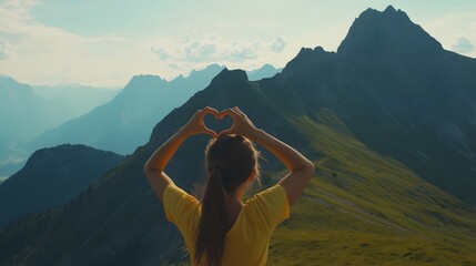 Naklejka premium Woman makes heart shape with hands, admiring mountain view.