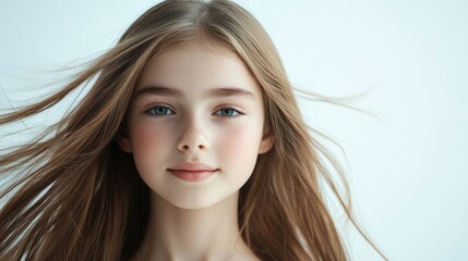 Fototapeta premium Portrait of a beautiful young girl with long hair, surrounded by a clean white background, perfect for highlighting the beauty of the girl in this captivating image. Ideal for various creative uses.