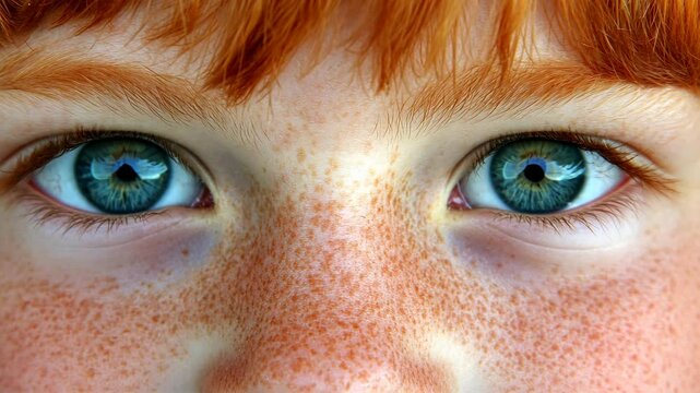 A close-up portrait of a young person with red hair and blue eyes, freckles dotting their face