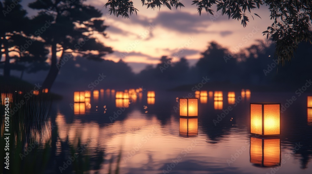 Aufkleber illuminated lanterns floating on water at twilight in a calm and tranquil setting