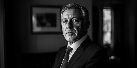Fototapeta premium A monochrome portrait features a middle aged man in a business suit and tie, showcasing his professional demeanor and style. The image captures the essence of a businessman.