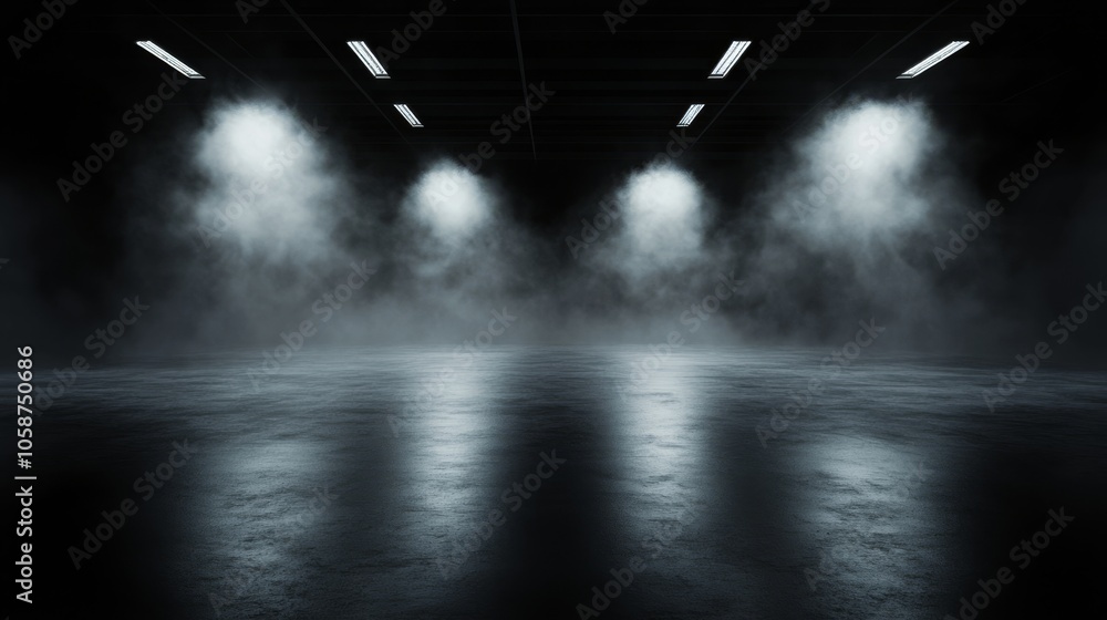 Poster three bright lights illuminate a foggy, dark environment, creating a mysterious and eerie atmosphere