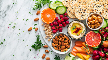 Healthy Snack Platter with Hummus, Crackers, Fruit and Nuts on Marble Background