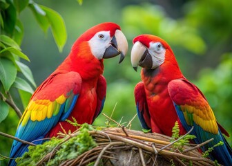 Obraz premium Two vibrant Scarlet Macaws at a nest, facing each other with a tender gaze, their colorful plumage contrasting the green backdrop.