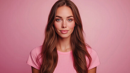 Fototapeta premium Woman with pink ribbon on color background. Breast cancer awareness concept 