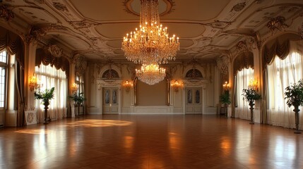 A Vintage Ballroom Featuring Crystal Chandeliers and Elaborate Decor