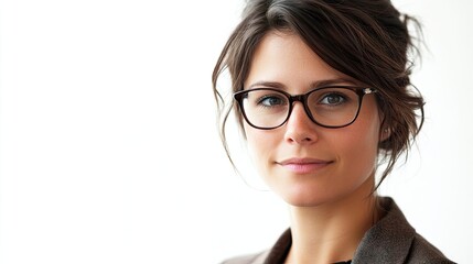 Obraz premium Close-up of a young business woman wearing glasses, looking confidently at the camera, isolated on white background with ample copy space for any text or graphics.