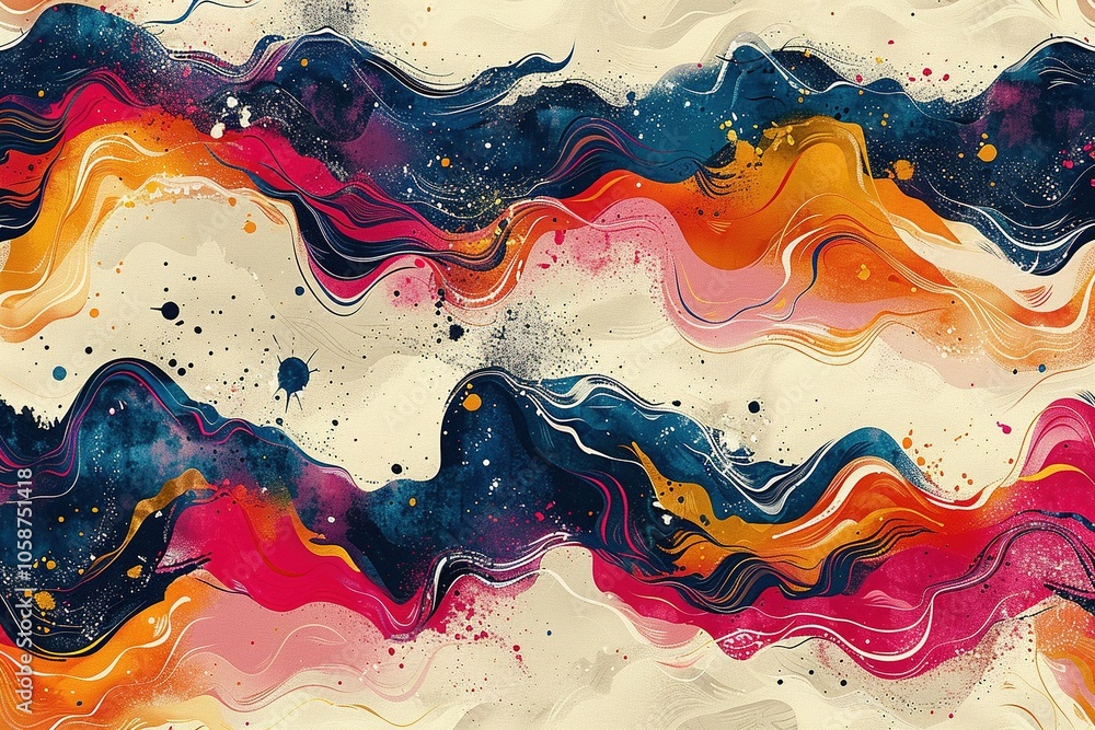 Poster abstract colorful waves with splashes and textures on a light background.