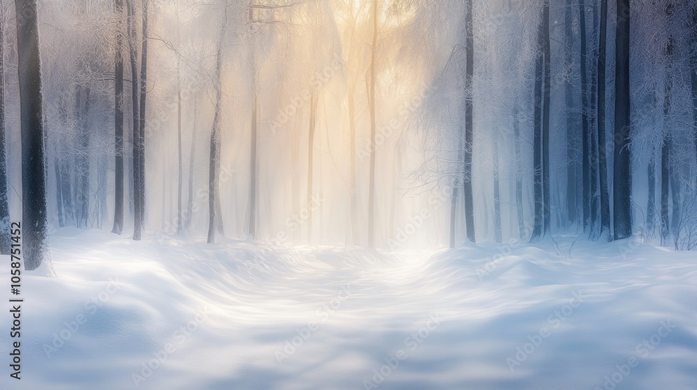 Poster blurred winter forest scene with soft snowdrifts and gentle snowfall creating a captivating winter t