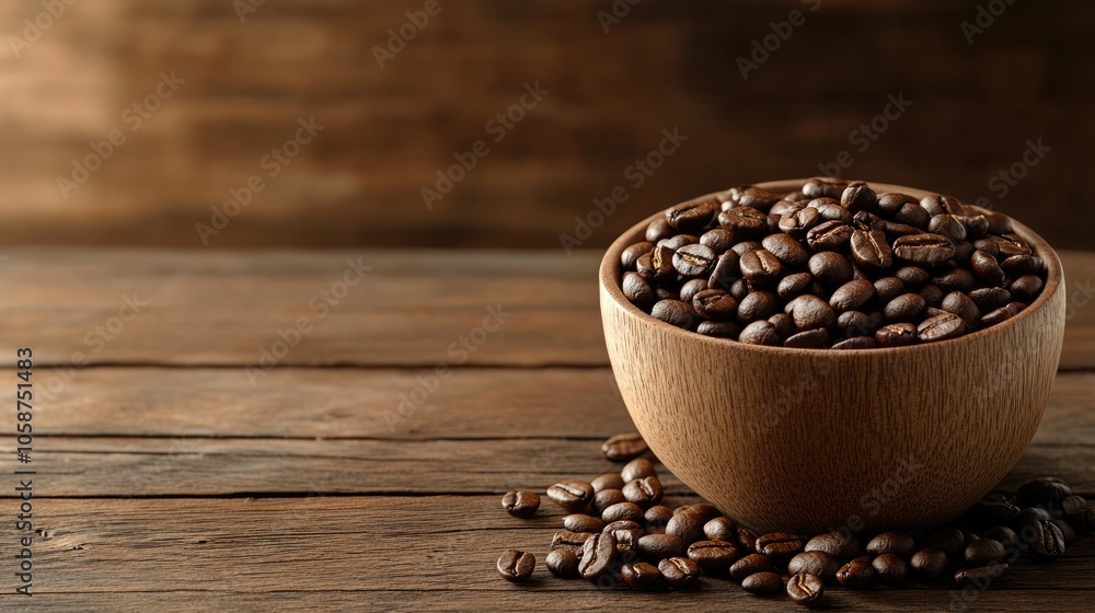 Poster close up of coffee beans and a cup on a wooden table with empty space in the background