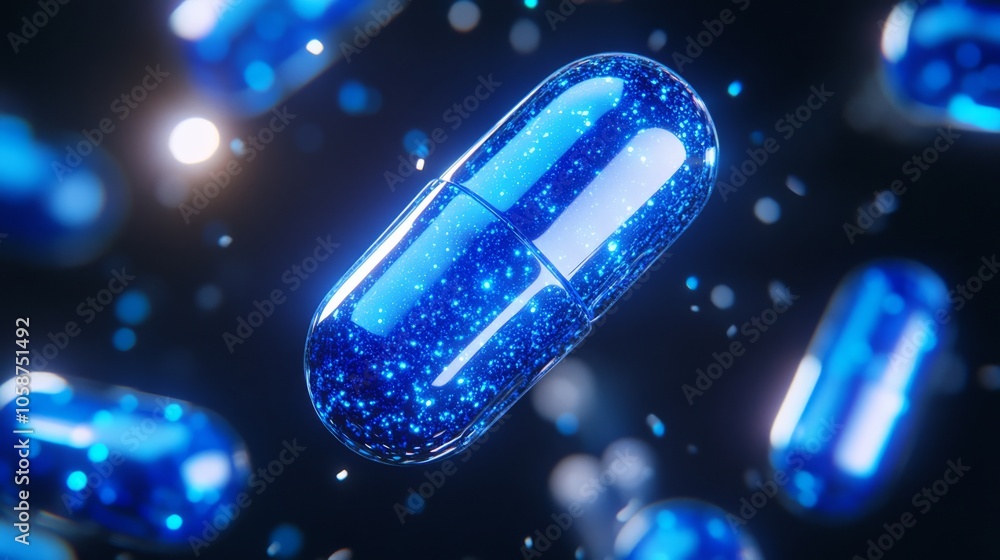 Poster a single blue capsule with sparkling effects floats in mid-air, surrounded by others in the dark