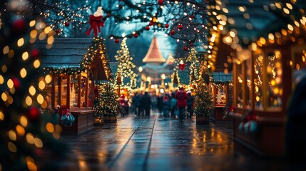 Fototapeta premium A street with Christmas lights and people walking