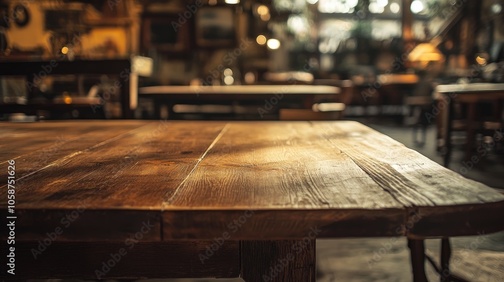 Poster rustic oak table in ambiently lit antique store environment with empty space for text
