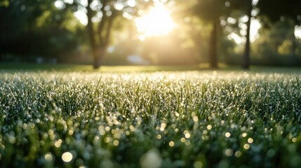Close up view of dew covered grass with white patches and trees reflecting seasonal changes