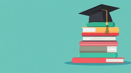 A stack of colorful books topped with a graduation cap on a teal background, symbolizing education and achievement.