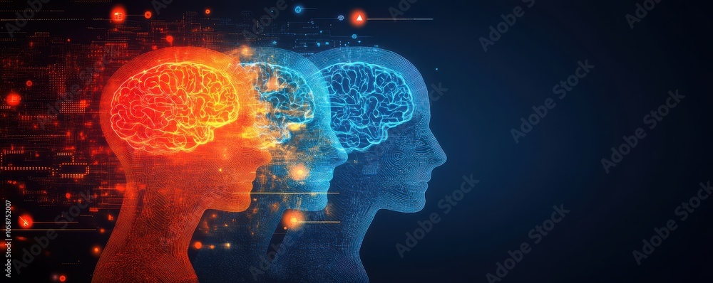 Poster conceptual image of two human heads in profile, one with a luminous orange brain and the other with 