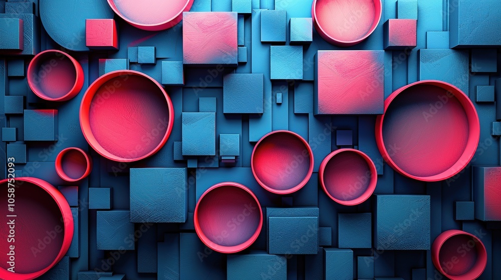 Poster abstract design featuring colorful circles and squares in a modern layout.
