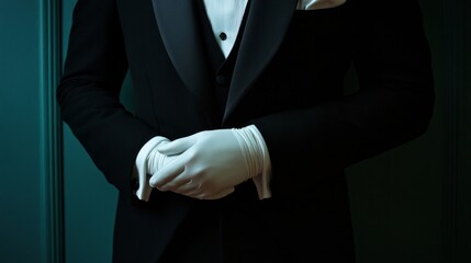 A man in a black suit and white gloves