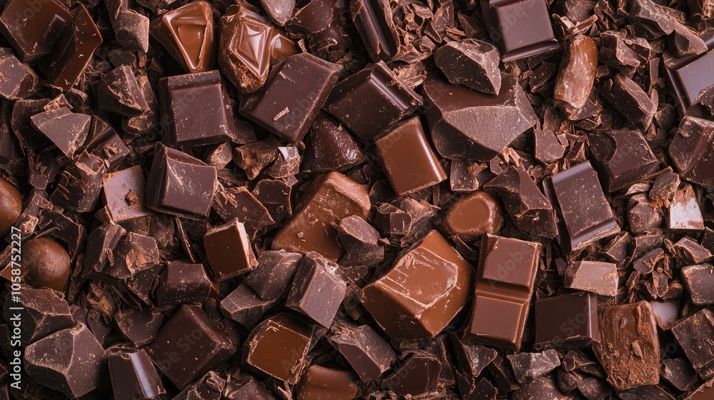 Poster close up of assorted chocolate chunks in various shapes forming a rich textured backdrop perfect for