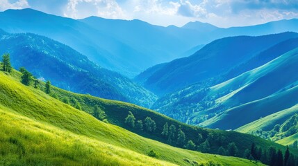 Naklejka premium A scenic mountain range showcasing vibrant shades of blue and green