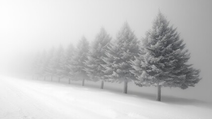 Obraz premium A row of trees are covered in snow