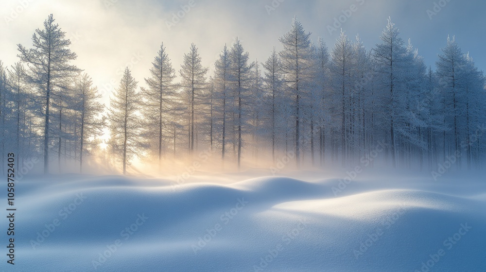 Poster a snowy field with trees in the background