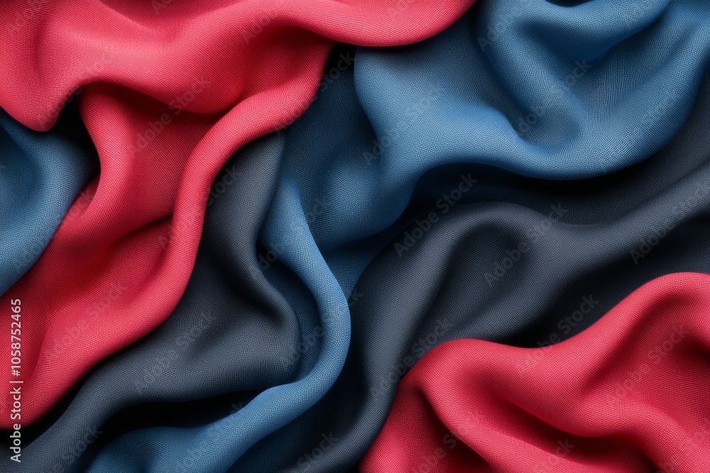 Poster a top view of a close-up of red, blue, and black fabric.:the image shows a close-up of a smooth, sil