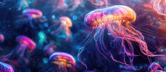 Beautiful Jellyfish Medusa In The Neon Light With The Fishes Underwater Life In Ocean Jellyfish Exciting And Cosmic Sight
