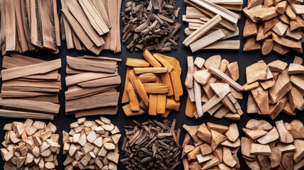 Assorted piles of wooden chips and sticks arranged on a dark surface, showcasing a variety of textures and shades of brown.