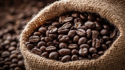 Close up of coffee beans in a sack featuring a vintage rustic theme ideal for organic coffee backgrounds