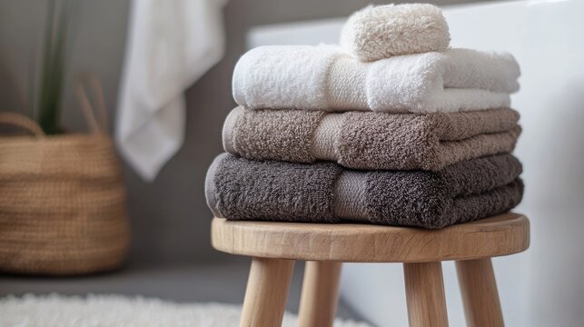 Stacked plush bath towels displayed on a wooden stool
