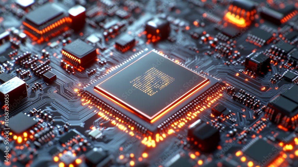 Poster a computer chip with a red glow