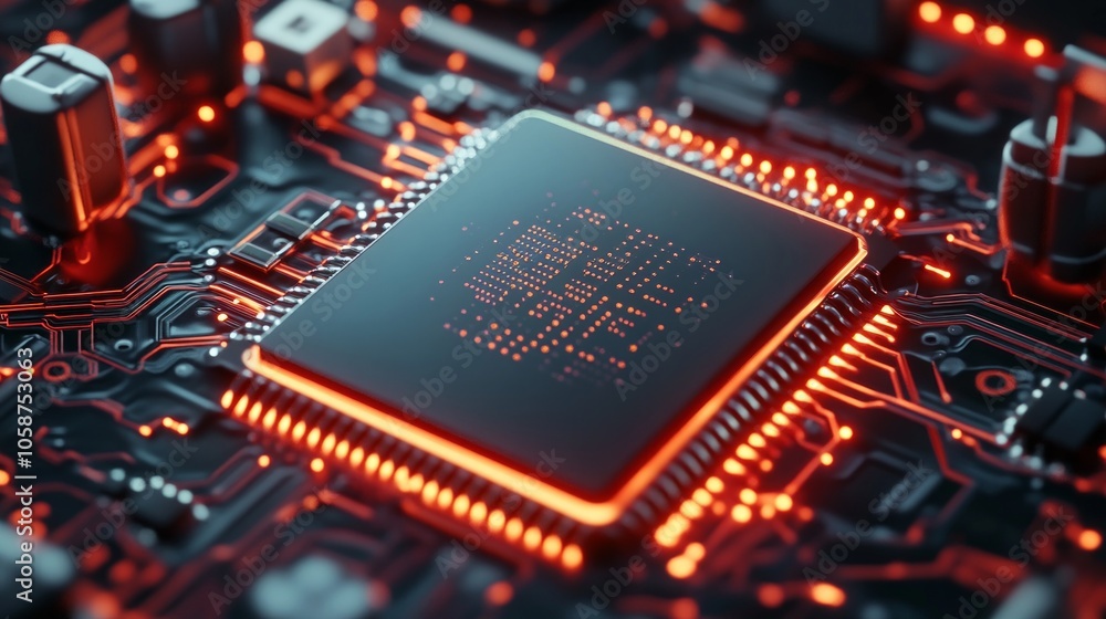 Poster a computer chip with a red glow