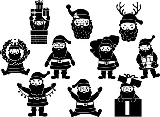 Santa Claus silhouette Christmas flat cartoon set. Vector illustration