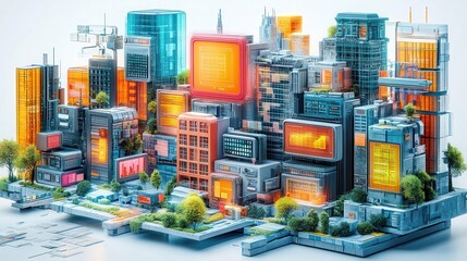 futuristic 3d-rendered icons representing various digital and business concepts, showcasing innovation and technology in a visually appealing and imaginative manner