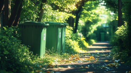 Green bins on a leafy path symbolize organized waste management and environmental care