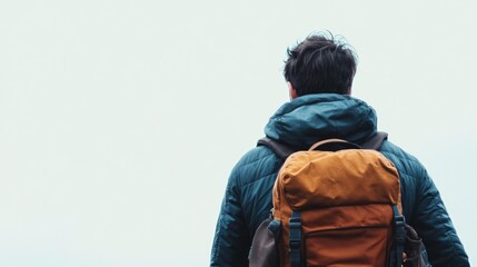 Traveler with a backpack gazing towards empty space on the right
