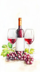 Watercolor image of wine bottle and glasses with grapes, light background. Copy space. Winery invitation. Generative AI